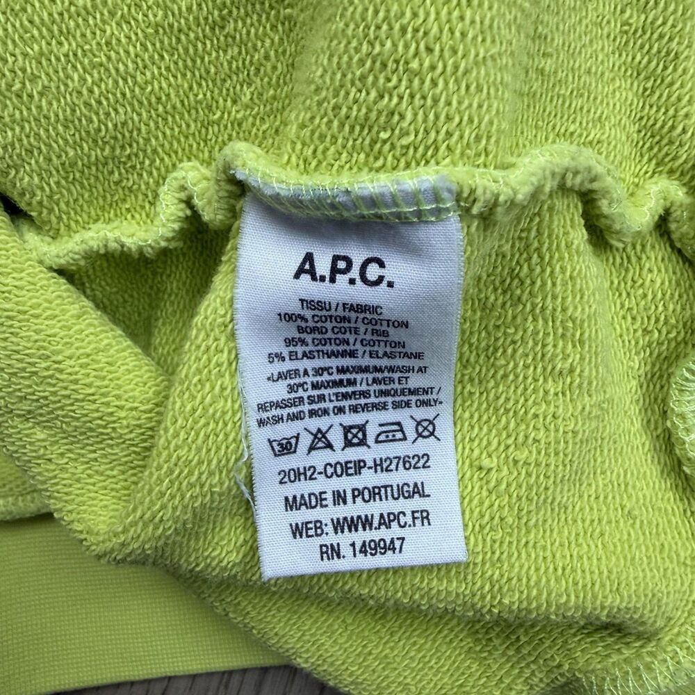 A.P.C. Hoodie Mens Large Lime Green Organic Cotton Logo Fleece Pullover - Picture 5 of 11